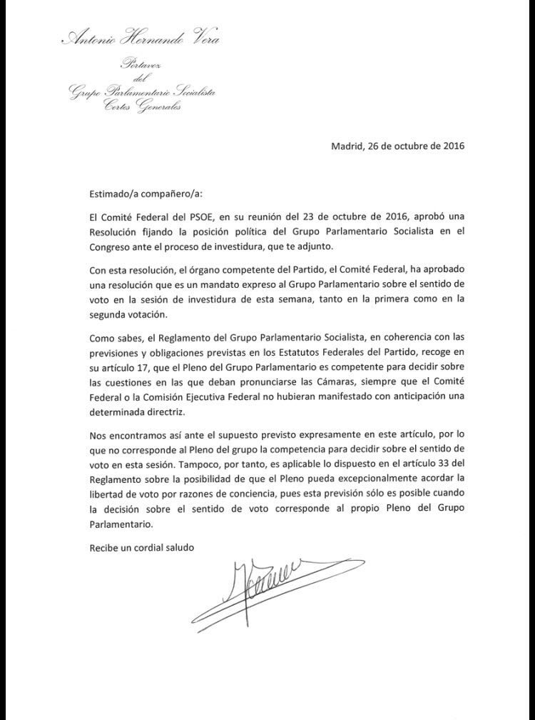 Carta de Antonio Hernando a los diputados socialistas.