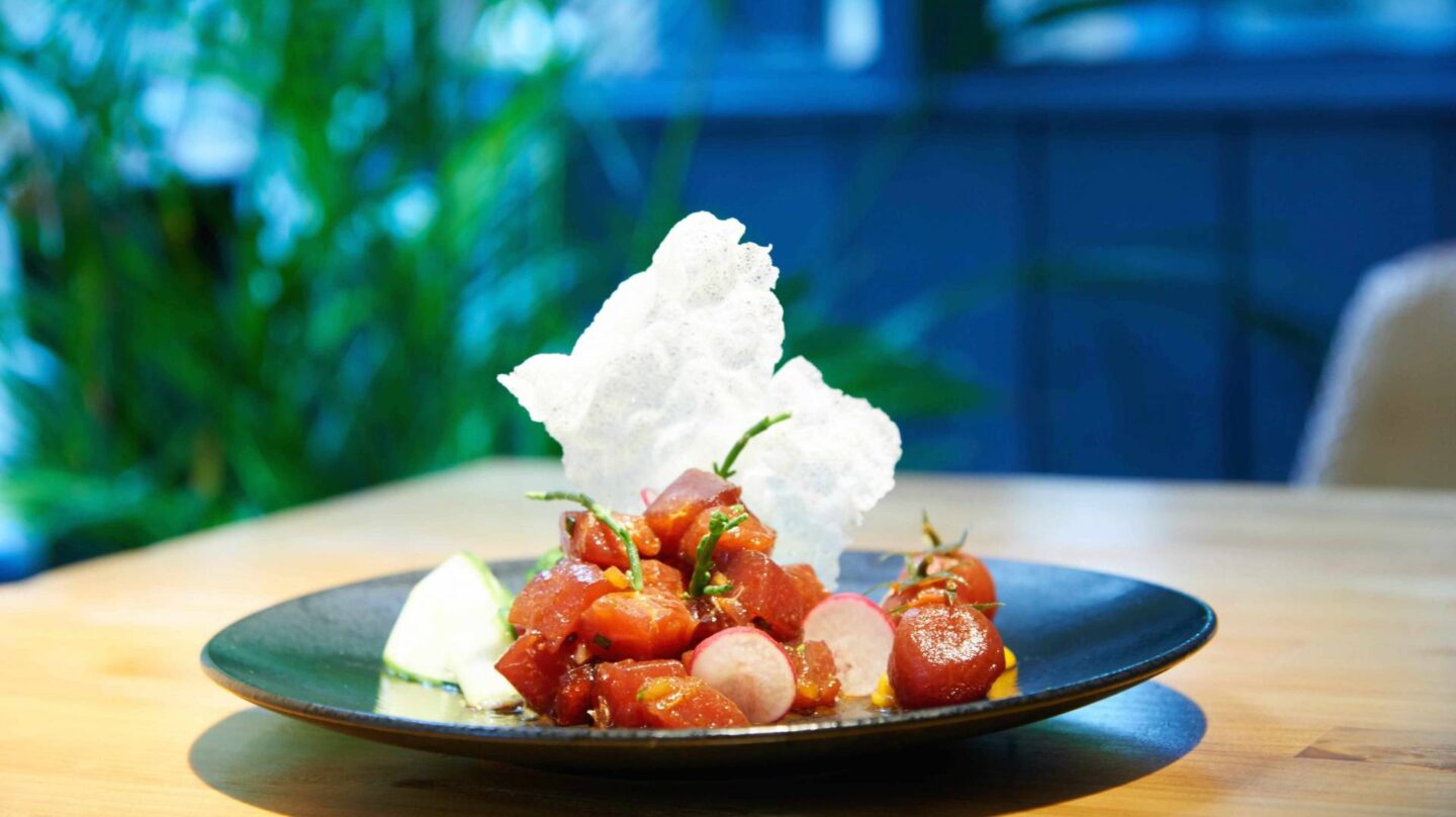 Tartar de atún rojo con vinagreta de chile, jengibre, mirin y gel de papaya, en La Pilla de Almagro.