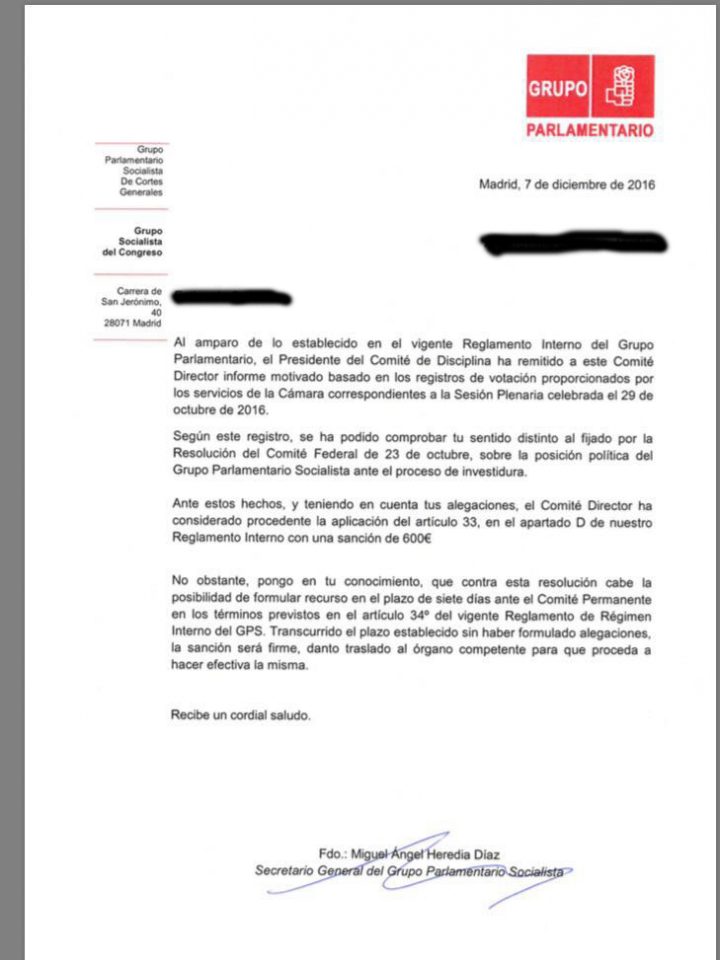 Carta del PSOE a los díscolos que mantuvieron su no a Rajoy en la investidura.