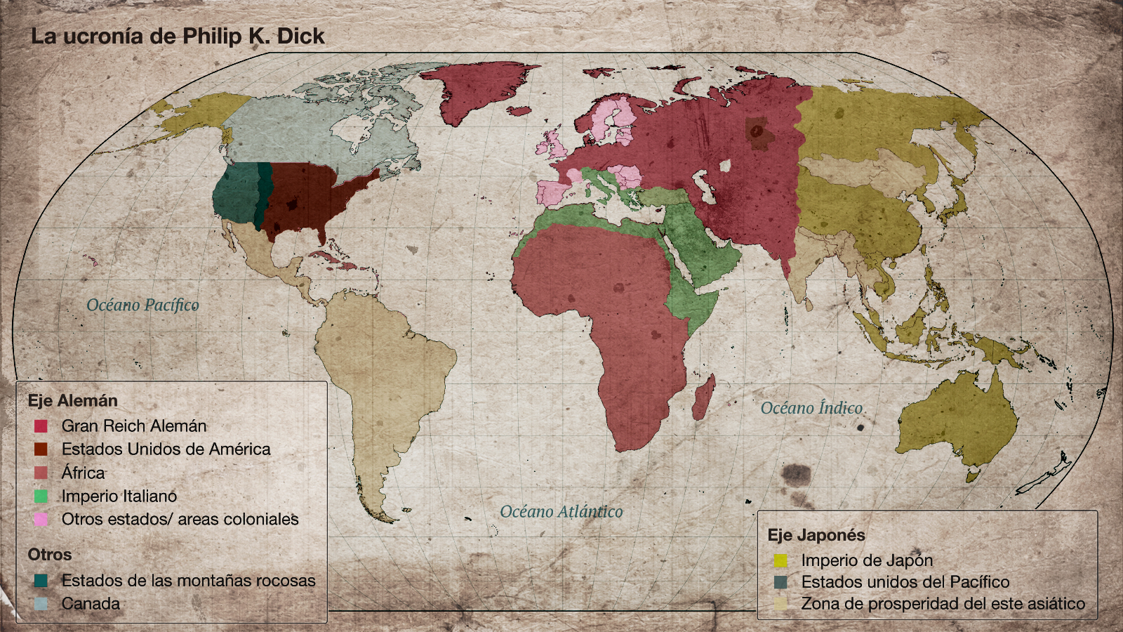 Mapa ficticio del mundo alternativo de Philip K. Dick. Elaboración propia