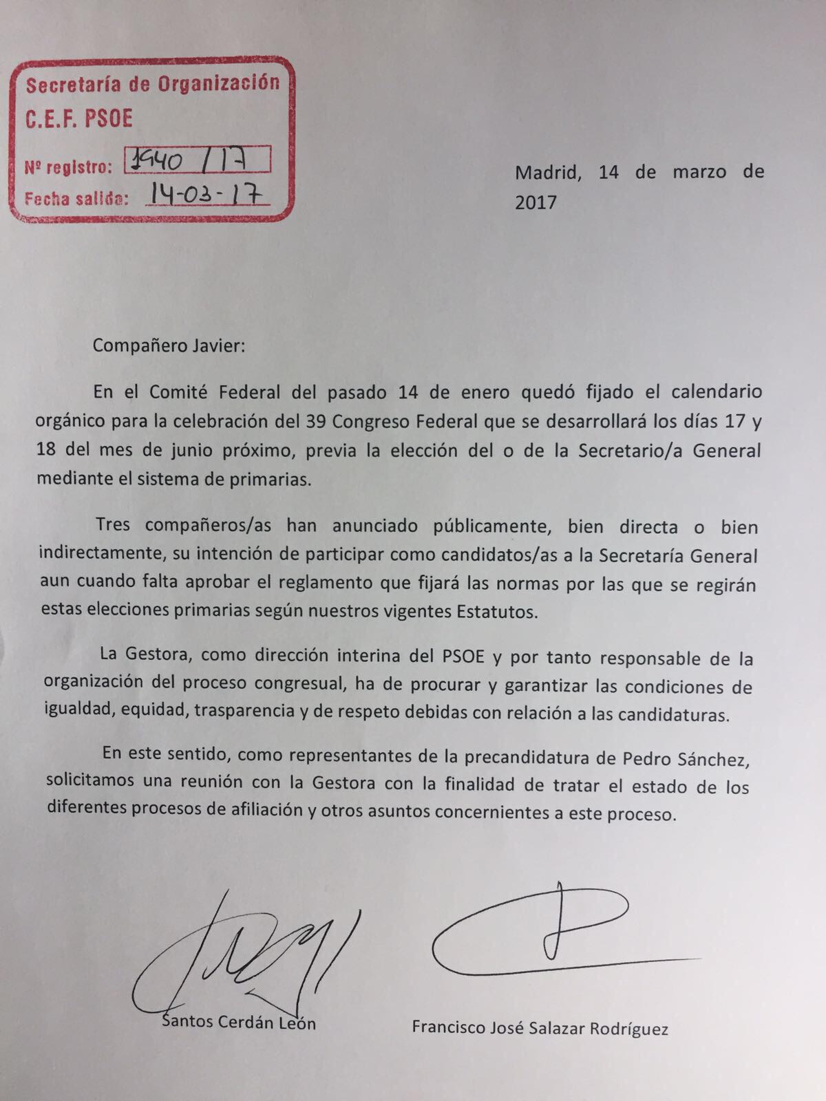La carta presentada este martes por el equipo de Sánchez.
