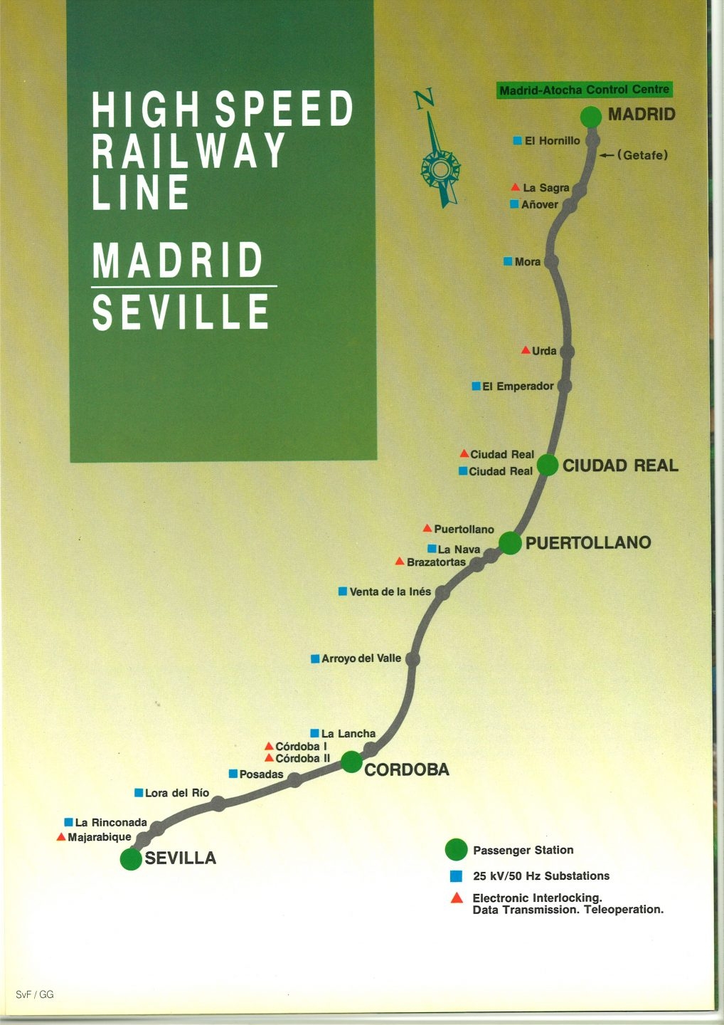 Gráfico de principios de los 90 que muestra el recorrido de la línea Madrid-Sevilla. 