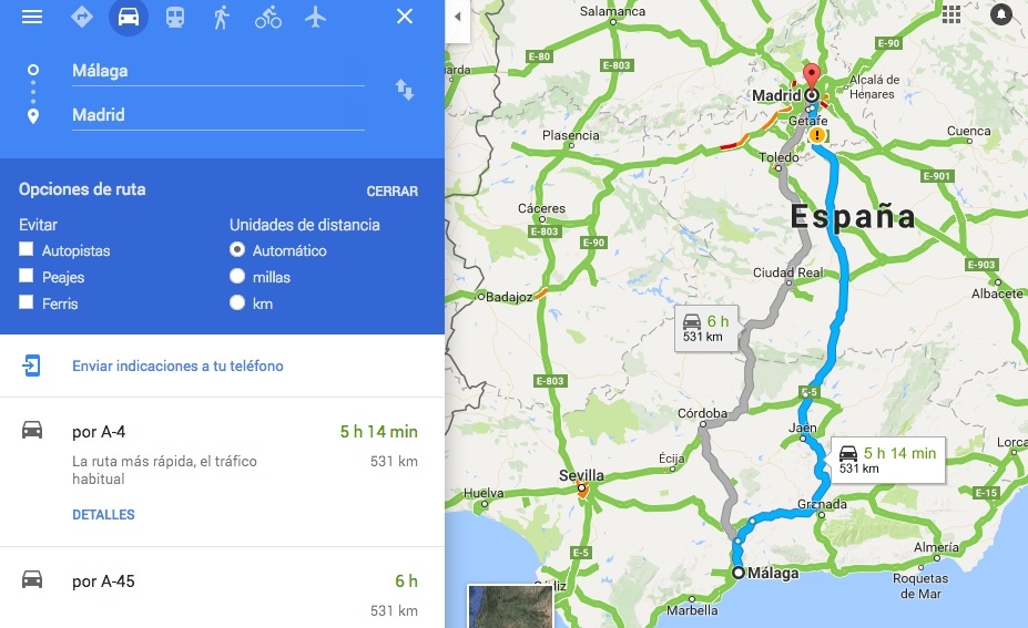 Típico panel de variables para calcular una ruta en Google Maps