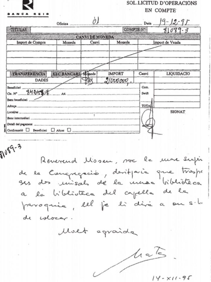 Documento manuscrito de Marta Ferrusola que aparece en las investigaciones.