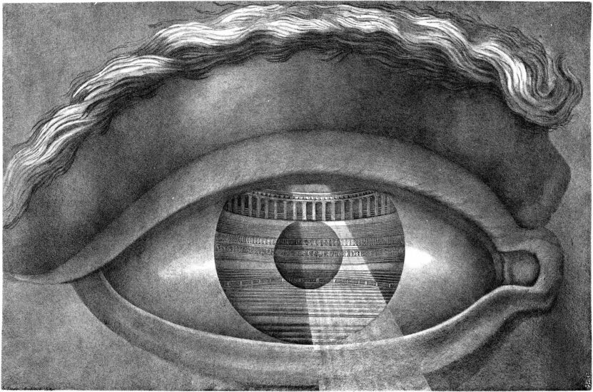 Ojo reflejando el interior del Teatro de Besançon, de Claude Nicolas Ledoux (1784).