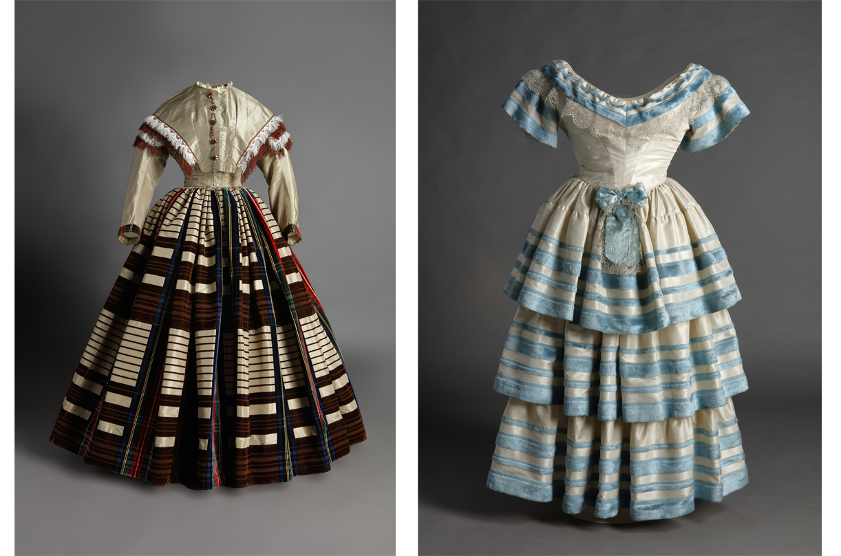 Dos vestidos que combinan blanco con rojo y azul cielo representativos de la moda del siglo xix