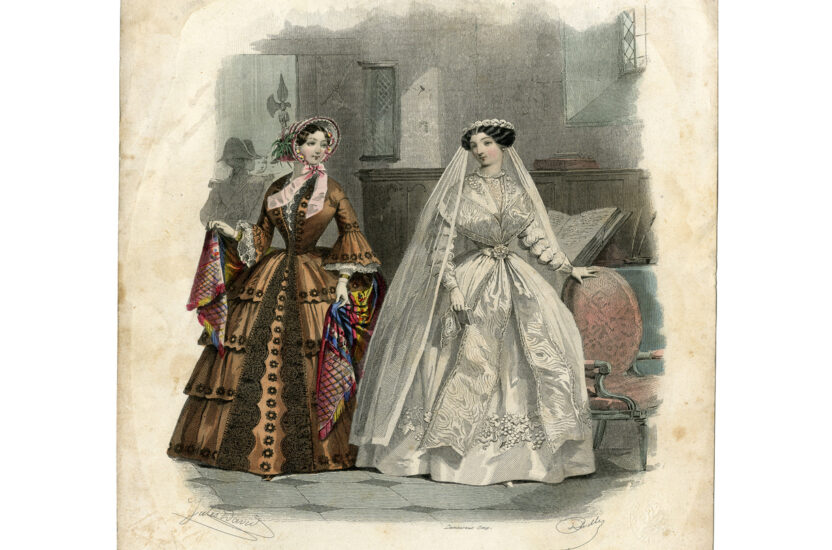 Dos mujeres con vestidos de la época de la moda del siglo xix