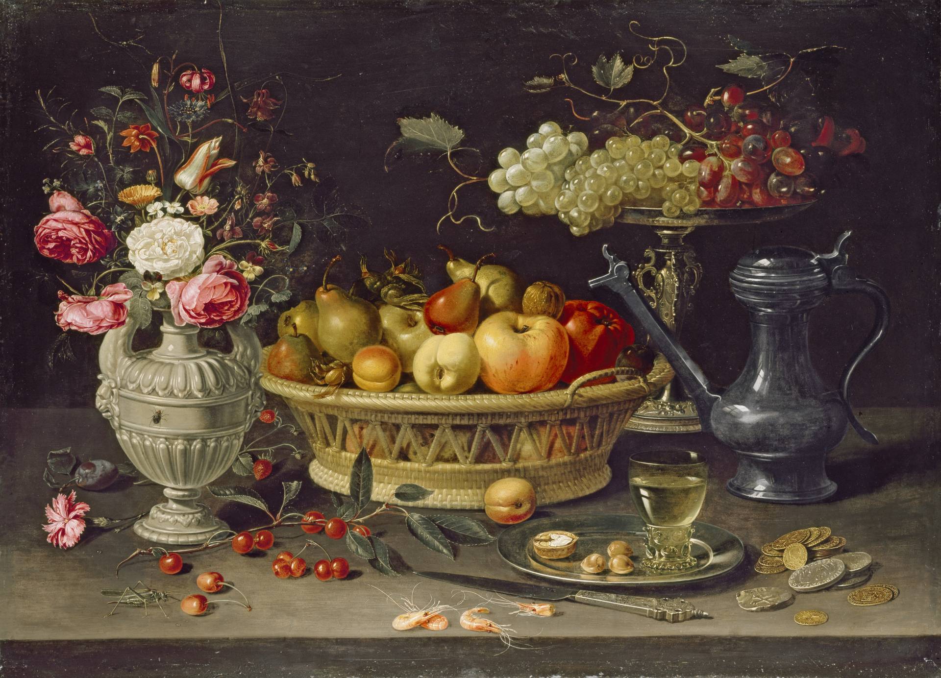 Bodegón con frutas y flores. Clara Peeters. Óleo sobre cobre, 64 x 89 cm. c. 1612-1613. Oxford, The Ashmolean Museum.