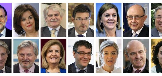 ministros_gobierno Mariano Rajoy, Soraya Sáenz de Santamaría, Alfonso Dastis Quecedo, Rafael Catalá Polo, María Dolores de Cospedal, Cristóbal Montoro, Juan Ignacio Zoido Álvarez, Íñigo de la Serna Hernáiz, Íñigo Méndez de Vigo, Fátima Báñez, Álvaro Nadal Belda, Isabel García Tejerina, Luis de Guindos y Dolors Montserrat Montserrat.