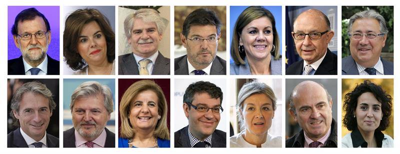 Mariano Rajoy, Soraya Sáenz de Santamaría, Alfonso Dastis Quecedo, Rafael Catalá Polo, María Dolores de Cospedal, Cristóbal Montoro, Juan Ignacio Zoido Álvarez, Íñigo de la Serna Hernáiz, Íñigo Méndez de Vigo, Fátima Báñez, Álvaro Nadal Belda, Isabel García Tejerina, Luis de Guindos y Dolors Montserrat Montserrat.