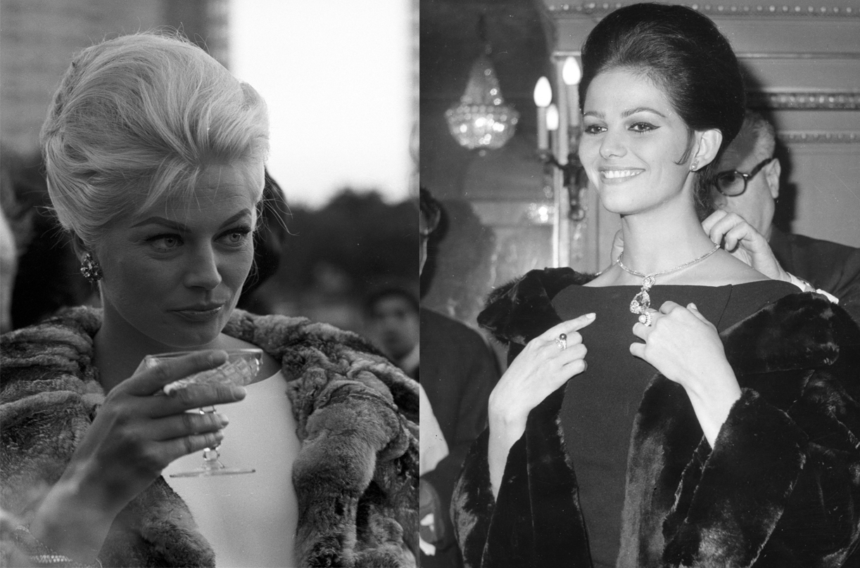 A la izquierda, Anita Ekberg en la presentación de la película Bocaccio 70 luciendo unos pendientes de platino, zafiros y diamantes (Roma, 1961). A la derecha, Claudia Cardinale probándose un collar de platino y diamantes durante la exposición de Bulgari en la Embajada italiana de París (1962).