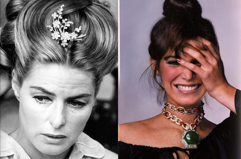A la izquierda, Ingrid Berman con una joya de Bulgari (1964). A la derecha, modelo con un sautoir en oro, esmeraldas, rubíes y diamantes (1979). Foto: Gianni Penati.
