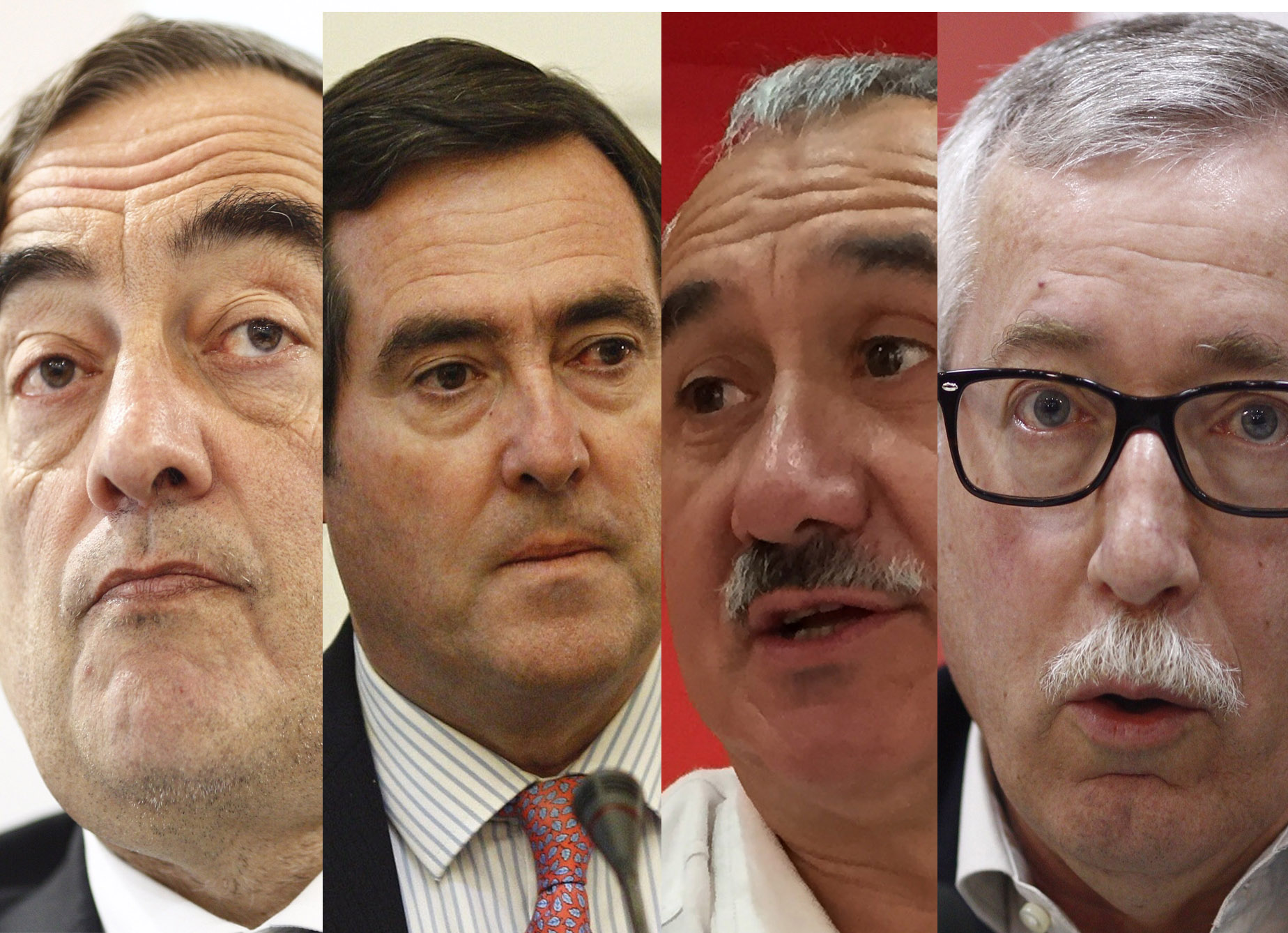 De izquierda a derecha los presidentes de CEOE y Cepyme, Juan Rosell y Antonio Garamendi, y los secretarios generales de UGT y CC.OO., Pepe Álvarez e Ignacio Fernández Toxo