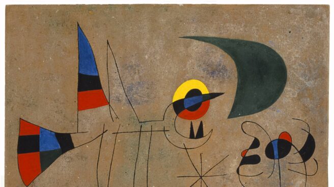 'Pájaro, pareja de personajes, estrella' (1942), de Joan Miró. Lápiz, acuarela y resina sobre papel.