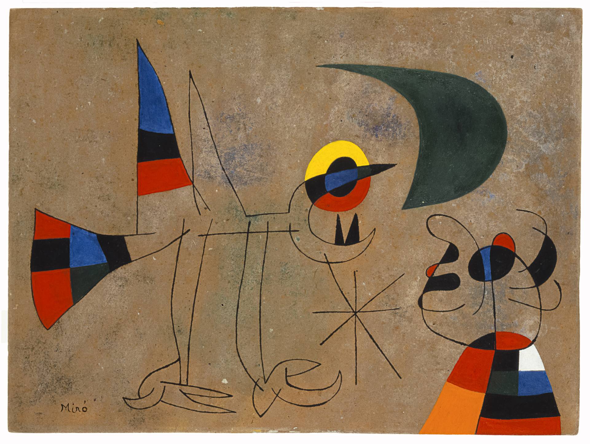 'Pájaro, pareja de personajes, estrella' (1942), de Joan Miró. Lápiz, acuarela y resina sobre papel.