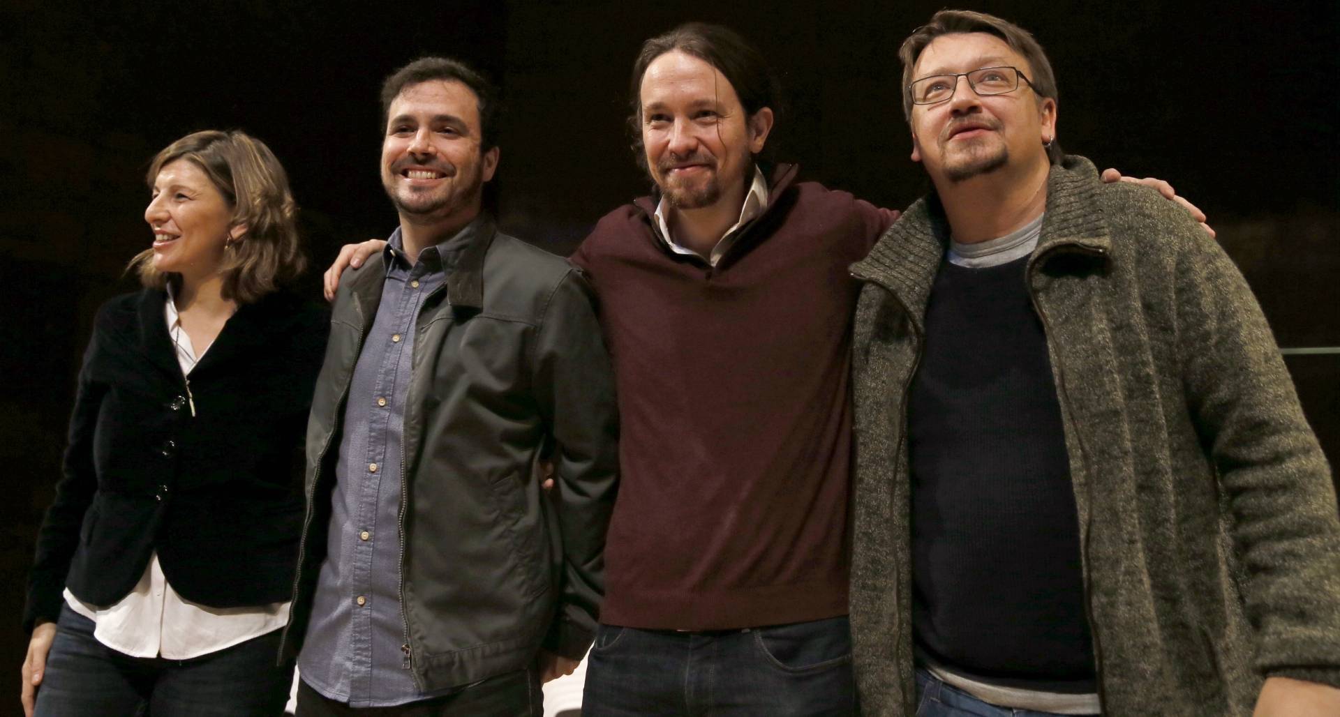 Alberto Garzón, junto a Yolanda Díaz, Pablo Iglesias y Xavi Doménech.