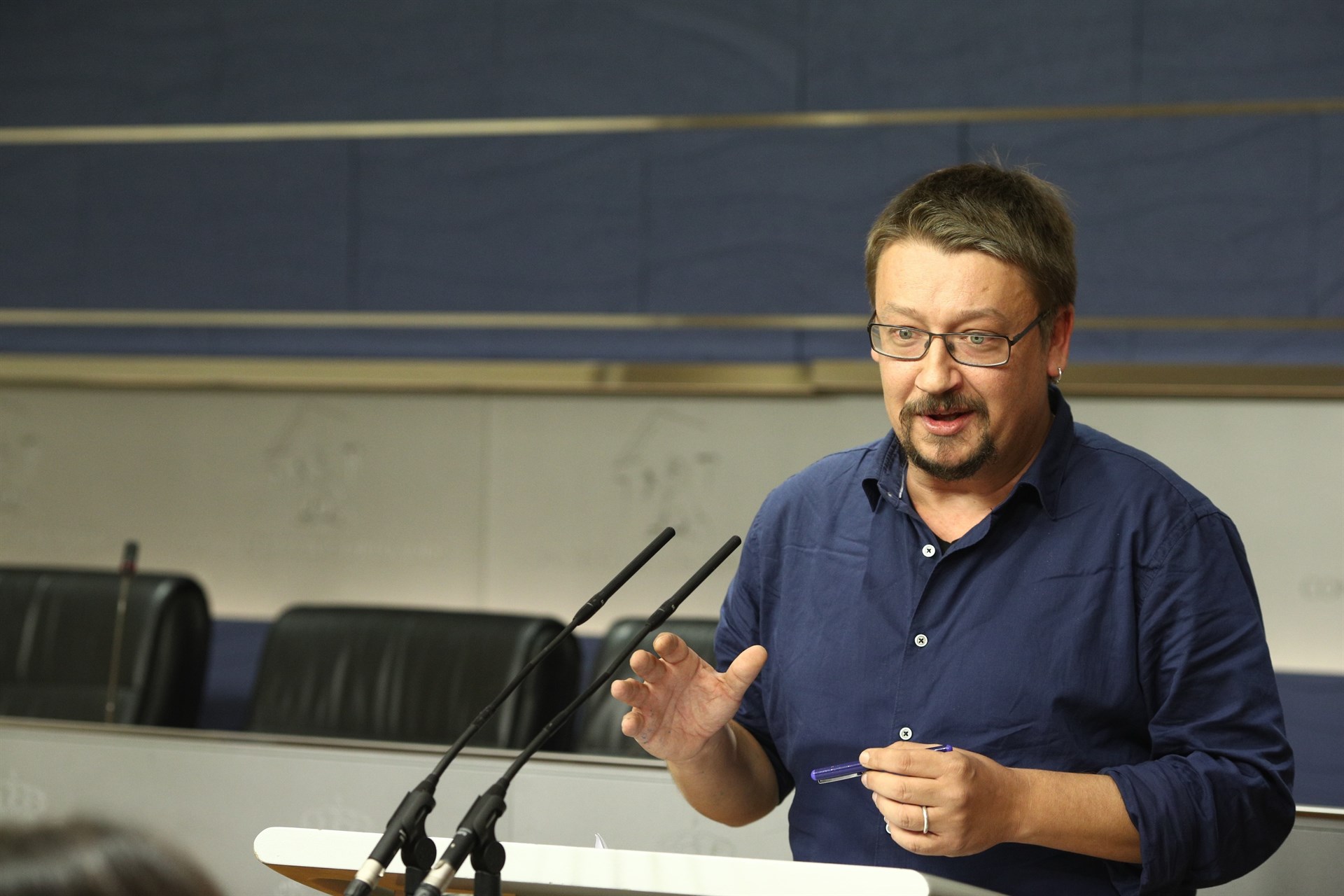 El portavoz de En Comú Podem en el Congreso, Xavier Doménech, durante su comparecencia.