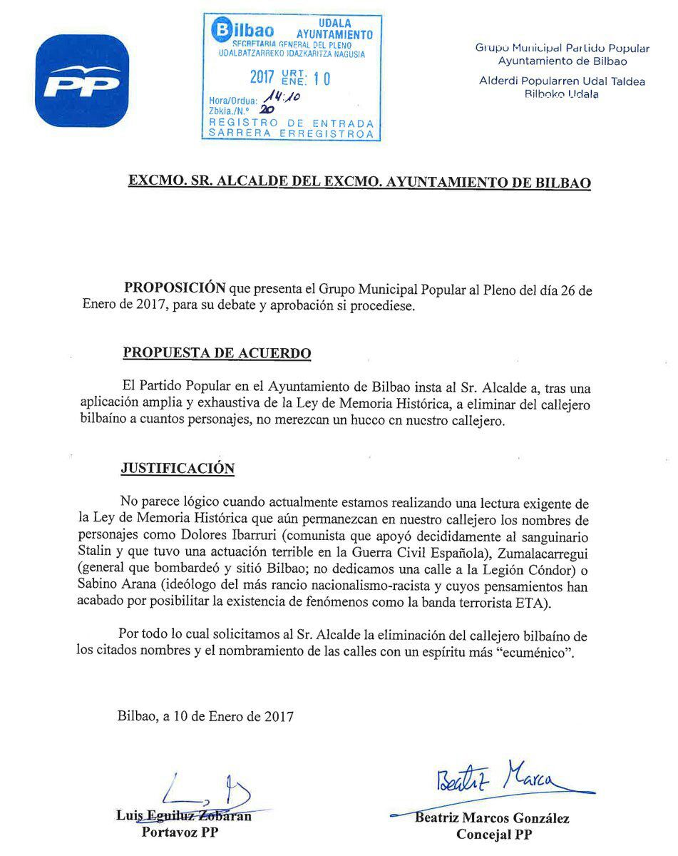 Proposición del Partido Popular en el Ayuntamiento de Bilbao.