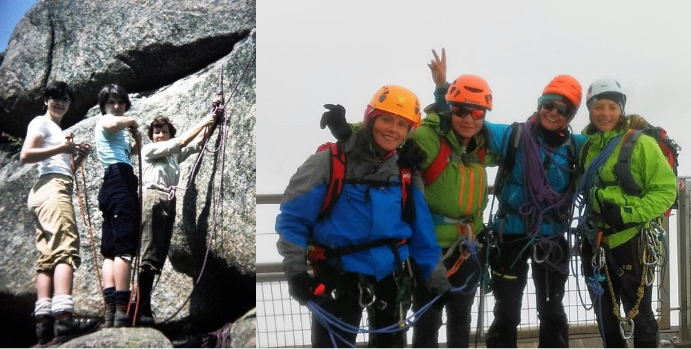 A la izquierda, Mari Carmen Arribas (primera por la derecha) en un curso de escalda en La Pedriza en los años sesenta. En la imagen de la derecha, Miriam Marco, (segunda por la derecha) con clientas en una actividad invernal, en la actualidad.