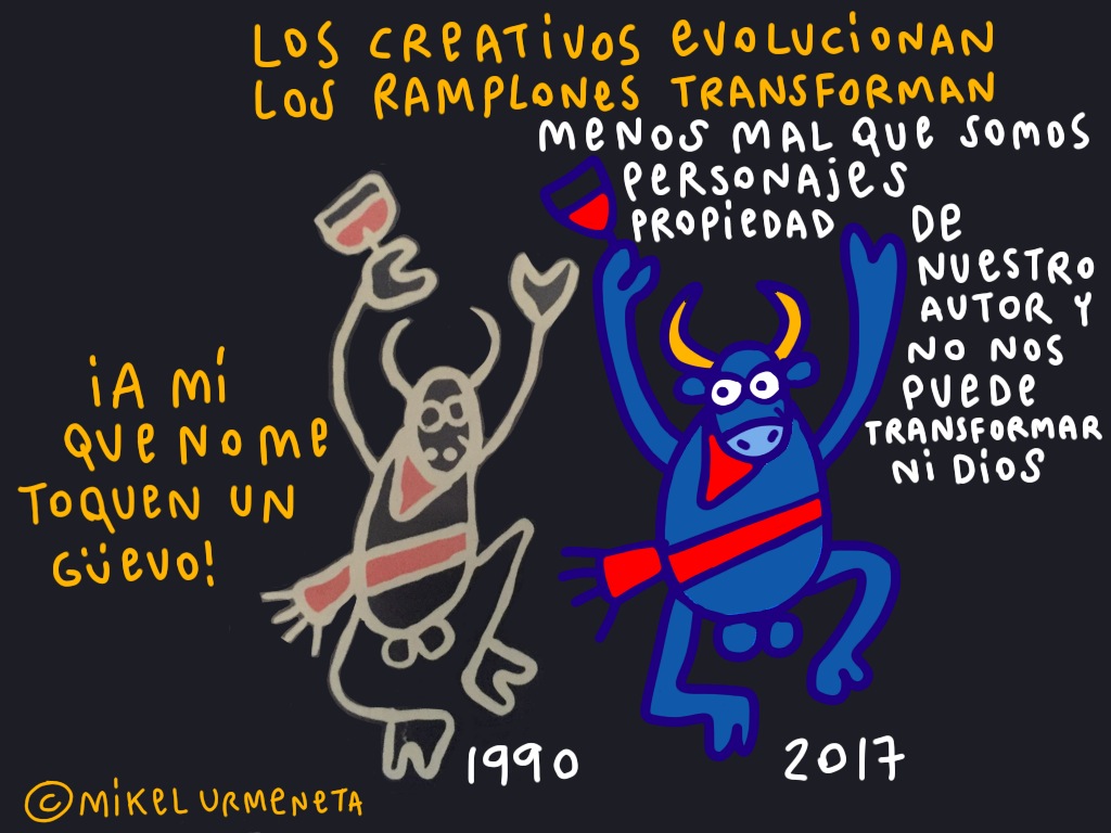 Kukuxumusu "El toro de 1990 es un extracto del cartel que gané en 1990 para anunciar las fiestas de San Fermín. Un trabajo de autor, donde ya vemos a Mister Testis. En 2017 dibujo otro toro en la misma posición, que no es sino una evolución del propio Testis. No es un plagio ni una transformación", señala Urmeneta.