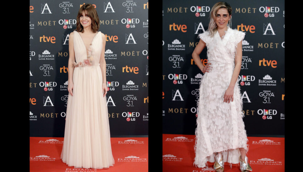 Alexandra Jiménez posa en la alfombra roja vestida por Santos. María León fue vestida por Juanjo Oliva con zapatos de Nº 21.