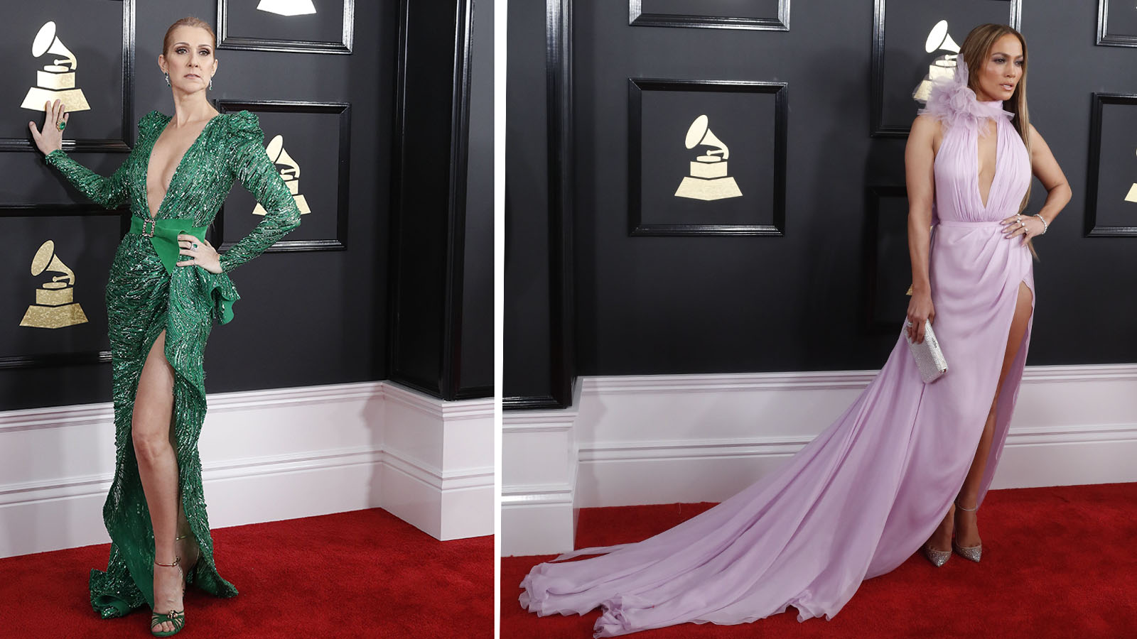A la izquierda, Celine Dion y, a la derecha, Jennifer López. JLO destacó a su paso por la alfombra rioja.