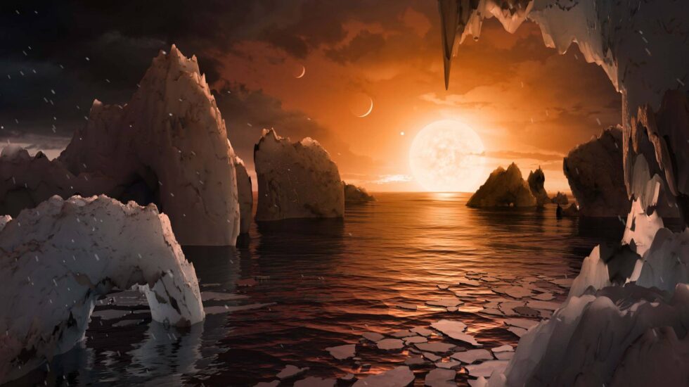 Interpretación de laposible apariencia de la superficie del exoplaneta TRAPPIST-1f.