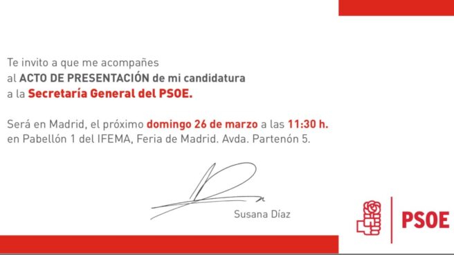 Tarjeta del acto de presentación de la canduidatura de Susana Díaz.