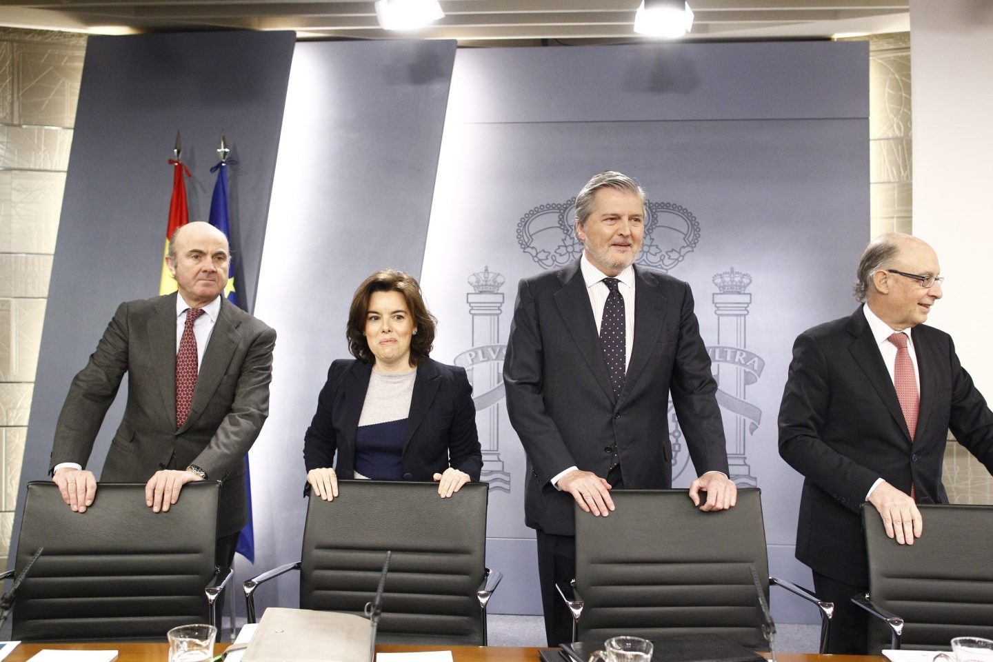 Luis de Guindos, Soraya Saenz de Santamaría, Iñigo Méndez de Vigo y Cristóbal Montoro, tras el Consejo de Ministros.