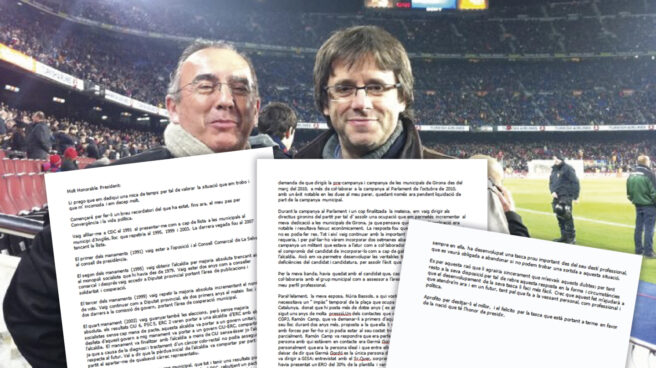 Josep Manel Bassols y Carles Puigdemont, juntos durante un partido en el Nou Camp. Josep Manel Bassols y Carles Puigdemont, juntos durante un partido en el Nou Camp.