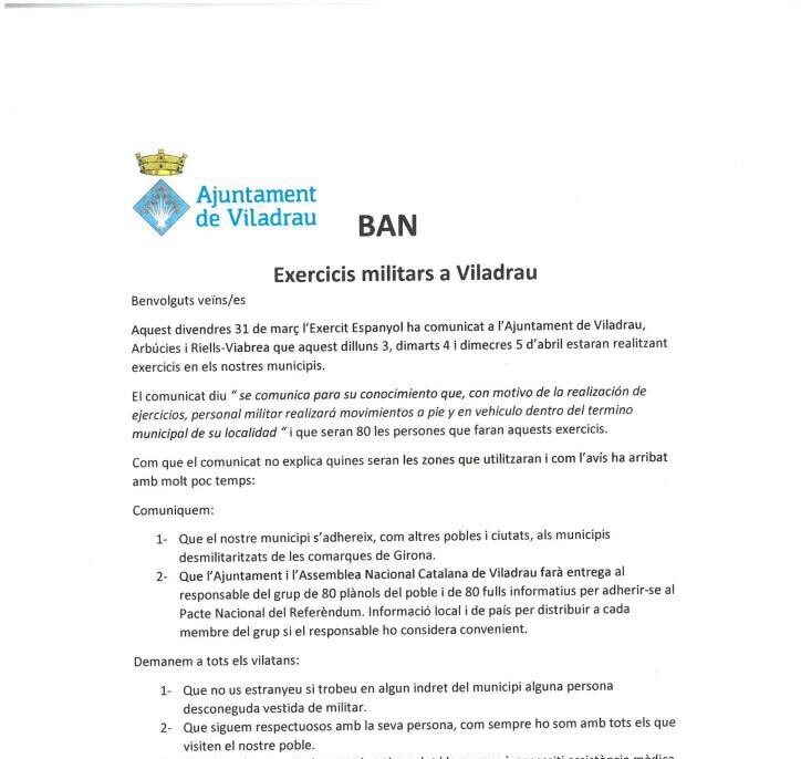 Viladrau intenta sumar al Ejército al Pacto por el Referéndum