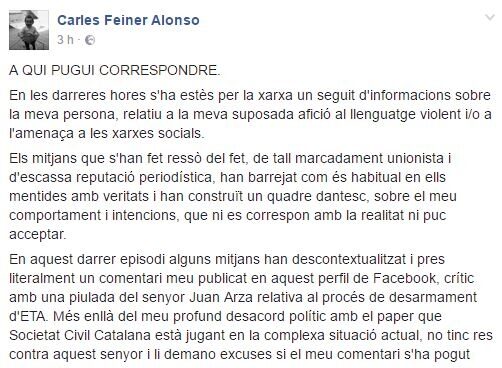 Mensaje en Facebook del asesor de ERC, Carles Feiner. Mensaje en Facebook del asesor de ERC, Carles Feiner.