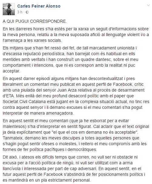 Mensaje en Facebook del asesor de ERC, Carles Feiner.