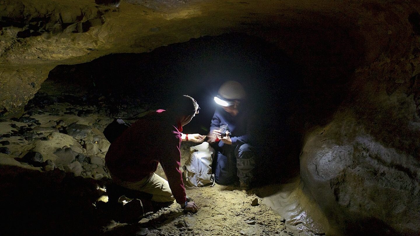 Dos paleoantropólogos tomando muestras.