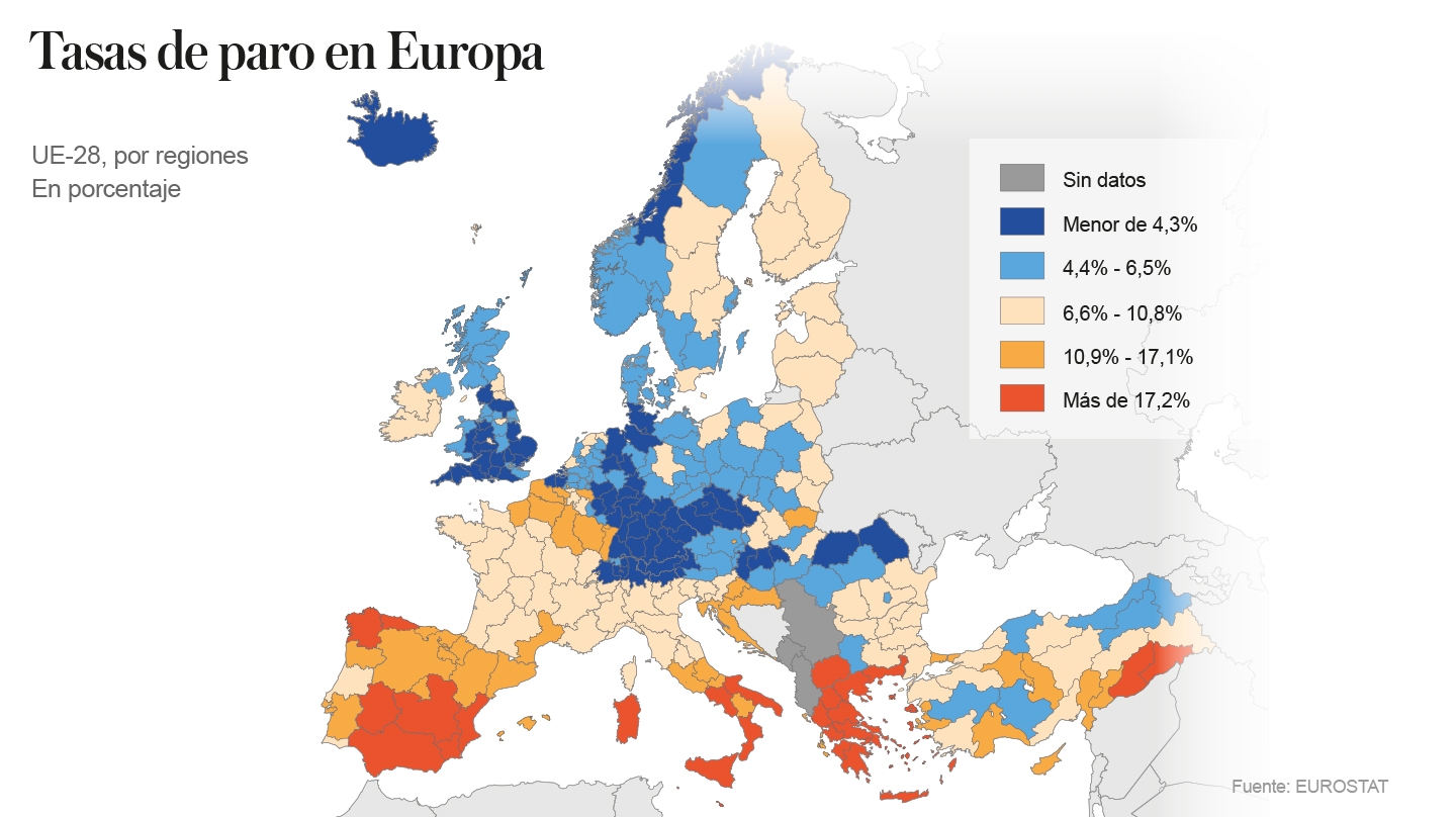 Cinco CCAA siguen entre las diez con más paro de la UE pese a la recuperación