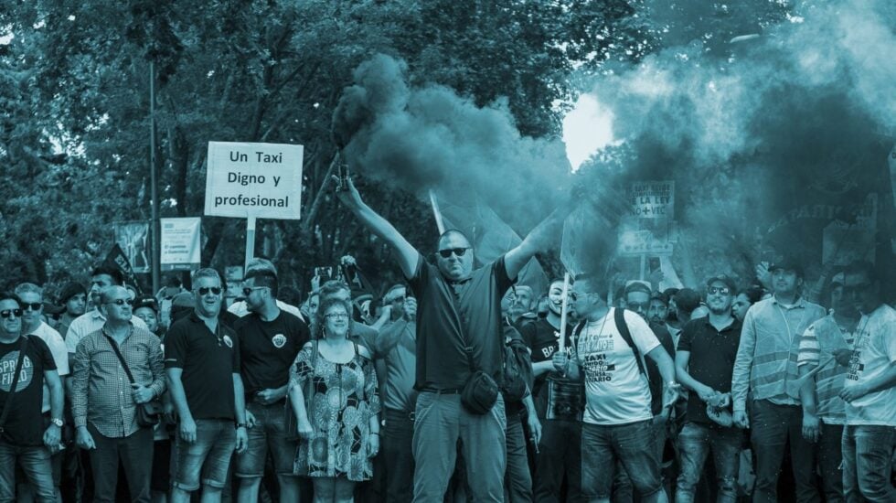 Taxistas durante la manifestación en Madrid.