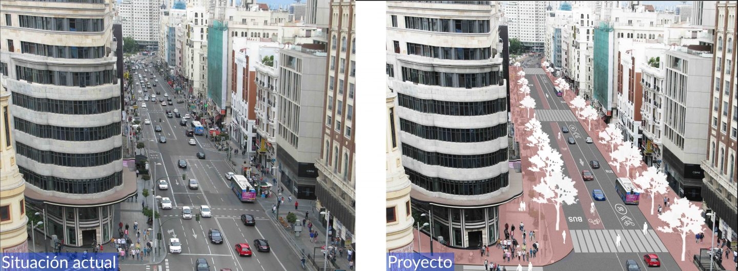 Futura Gran Vía en el tramo entre Callao y Plaza España que sí contará con un pequeño carril bici.