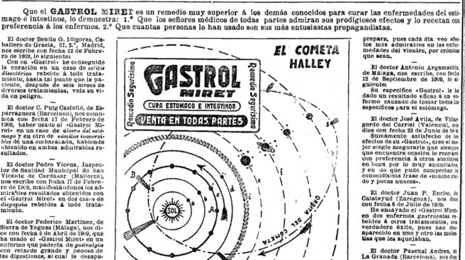 Diagrama patrocinado del cometa Halley en 'La Vanguadia' de 1910 Diagrama patrocinado del cometa Halley en 'La Vanguadia' de 1910