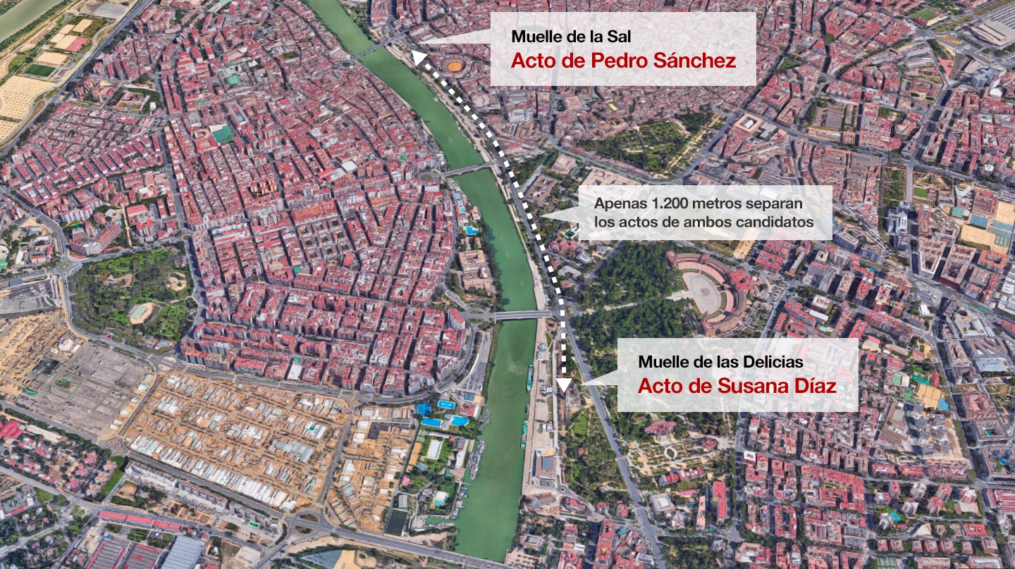 Pedro Sánchez y Susana Díaz se retan en los muelles de Sevilla a 48 horas de las primarias