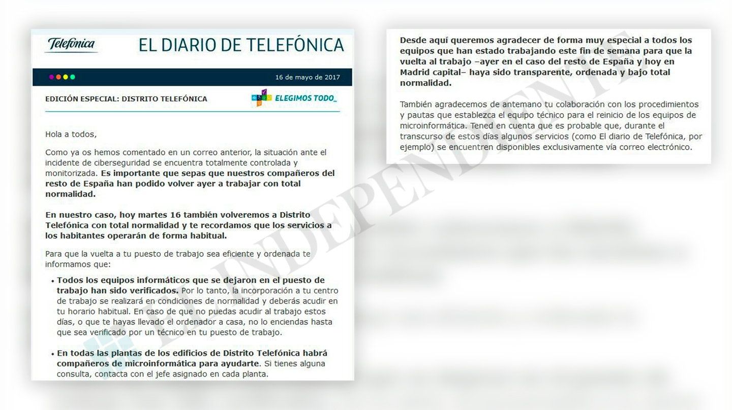 Telefónica no ha verificado ordenadores que sufrieron el ciberataque fuera de sus oficinas