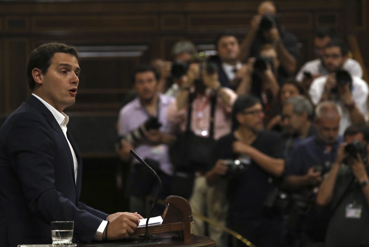 Albert Rivera, líder de Ciudadanos, durante su intervención en la moción de censura de Podemos a Rajoy.