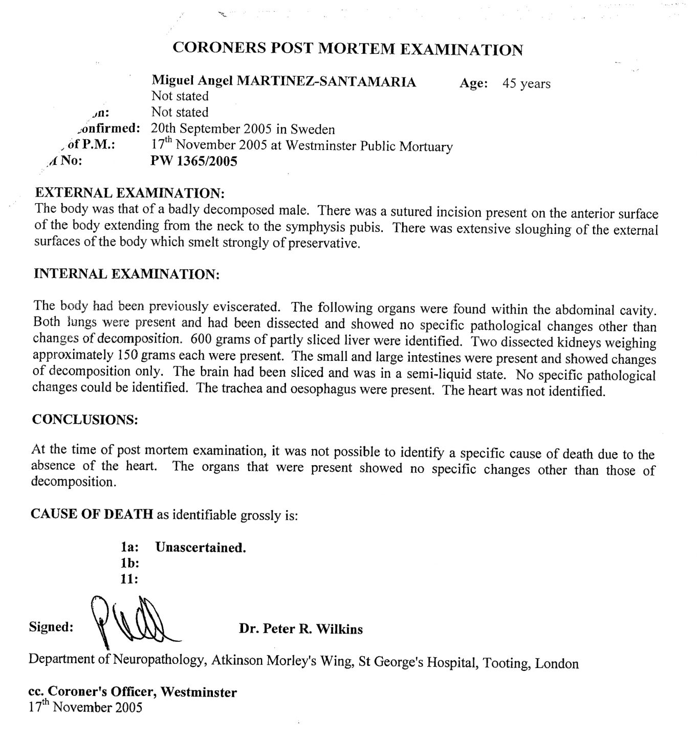 imagen del Informe del examen 'post mortem' realizado en Londres.