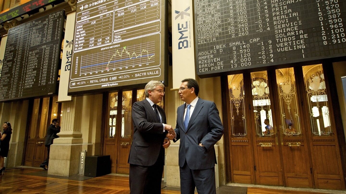 Enrique Goñi y Antonio Pulido, ex copresidentes de Banca Cívica, en la Bolsa de Madrid.