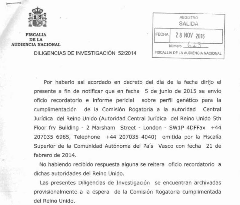 Requerimiento de la Fiscalía de la Audiencia Nacional a la autoridad central jurídica del Reino Unido.