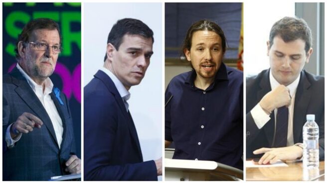 iglesias-rajoy-sanchez-rivera Mariano Rajoy (PP), Pedro Sánchez (PSOE), Pablo Iglesias (Podemos) y Albert Rivera (Ciudadanos).