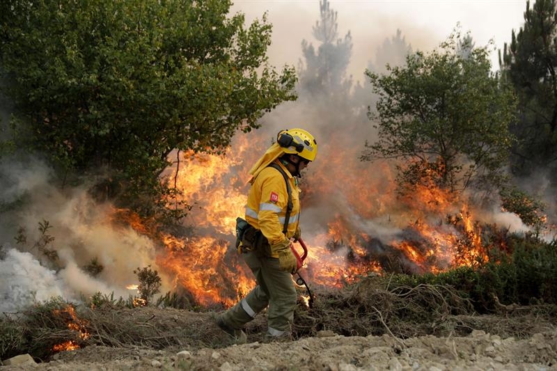 Un bombero español enciende un fuego de manera controlada mientras combate un incendio en Pampilhosa da Serra (Portugal).