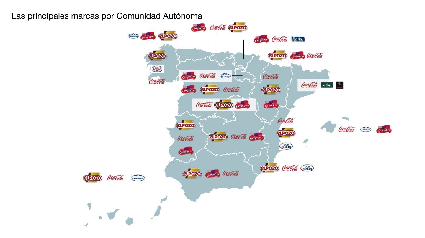 Mapa que muestra la distribución de las marcas más vendidas por comunidad autónoma