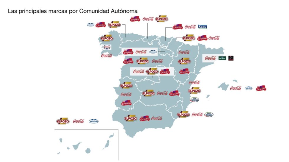 Mapa que muestra la distribución de las marcas más vendidas por comunidad autónoma