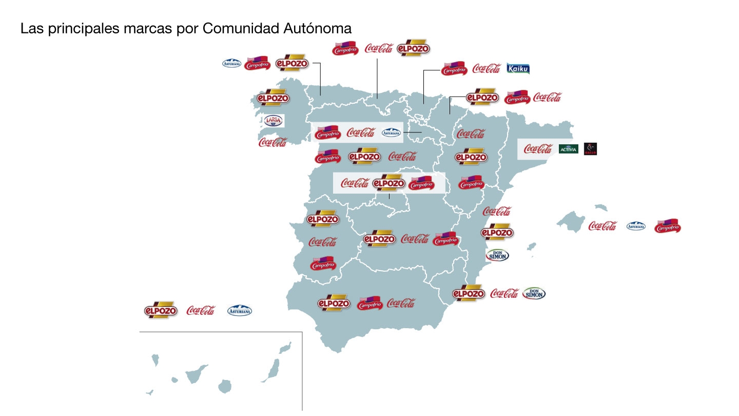 Mapa que muestra la distribución de las marcas más vendidas por comunidad autónoma