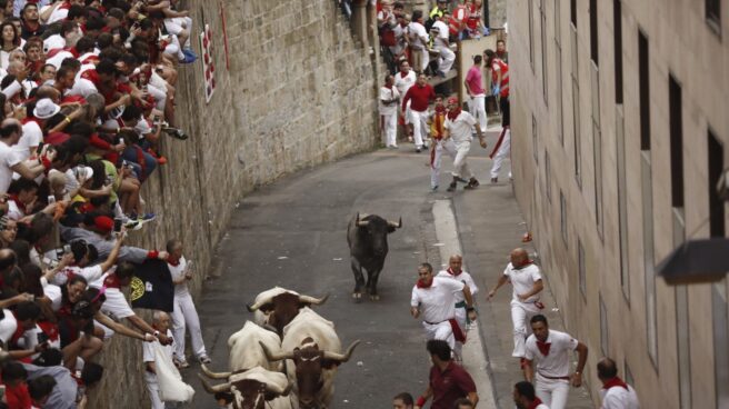 Toro rezagado de Escolar en el segundo encierro de San Fermín. Toro rezagado de Escolar en el segundo encierro de San Fermín.